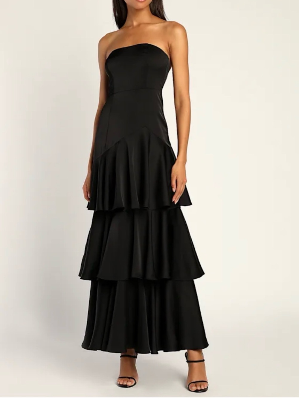 Lulus Black Satin Tiered Maxi Dress